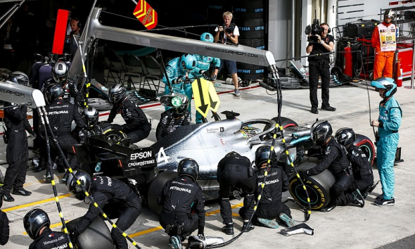 Lewis Hamilton in the pits at Brazilian GP