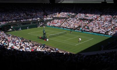 Two tennis players on centre court at Wimbledon